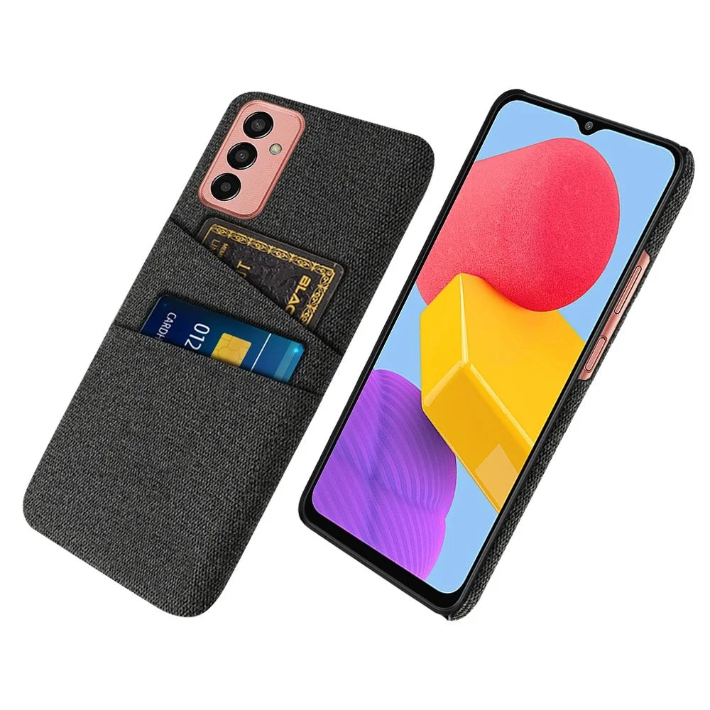 For Samsung Galaxy M13 4G Cloth Texture Phone Case Fall Prevention Dual Card Slots PC Protective Back Cover - Black - 1