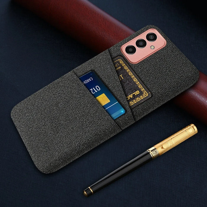 For Samsung Galaxy M13 4G Cloth Texture Phone Case Fall Prevention Dual Card Slots PC Protective Back Cover - Black - 5