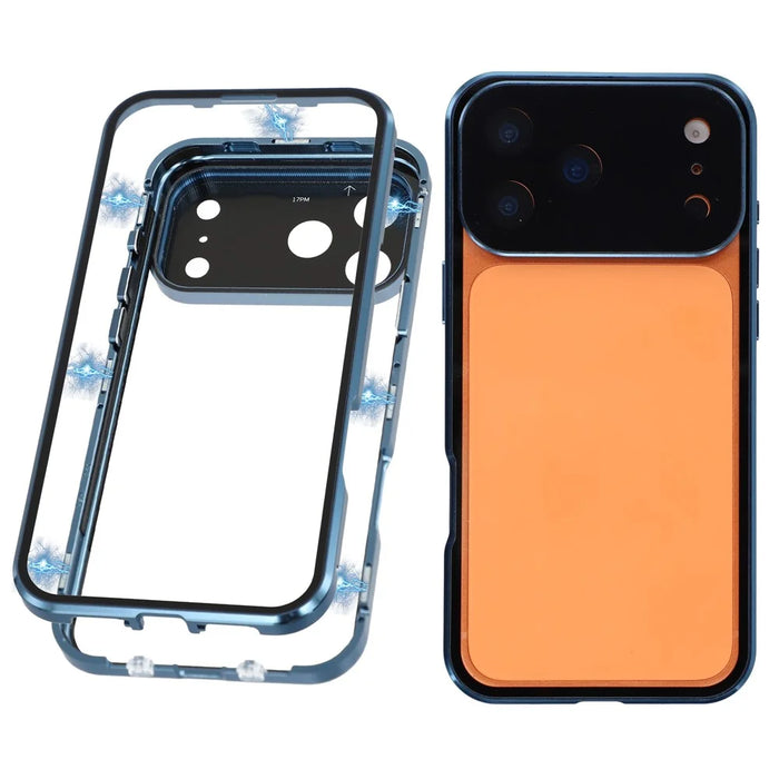 For iPhone 17 Pro Case Ultra Clear Double-Sided Tempered Glass + Magnetic Metal Frame Phone Cover - Blue - 1