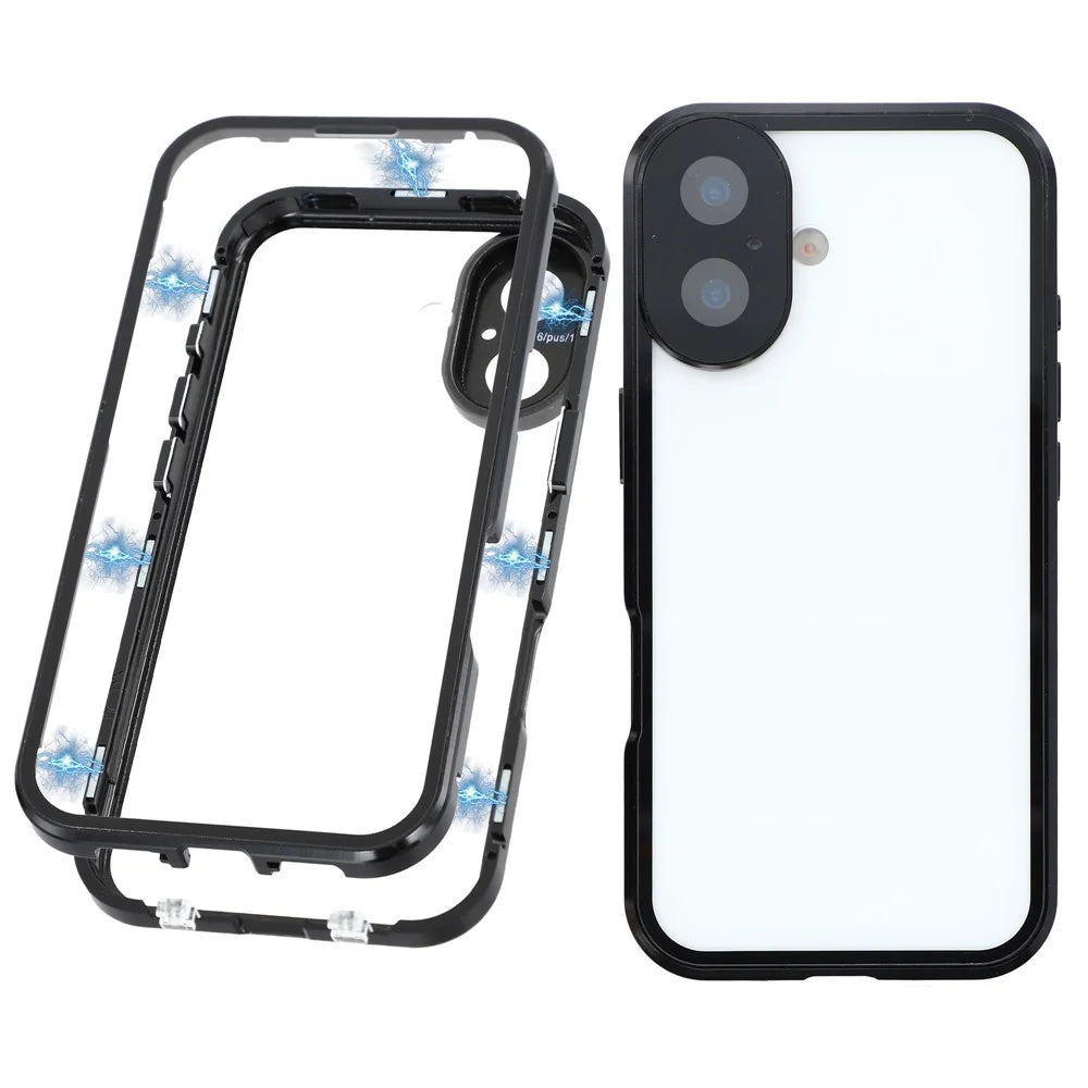 For iPhone 17 Case Ultra Clear Double-Sided Tempered Glass + Magnetic Metal Frame Phone Cover - Black - 1