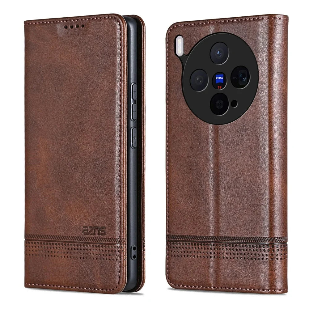 AZNS For vivo X300 5G Case Cowhide Texture PU Leather Wallet Phone Cover - Coffee - 1