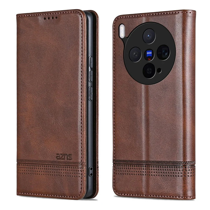 AZNS For vivo X300 5G Case Cowhide Texture PU Leather Wallet Phone Cover - Coffee - 1