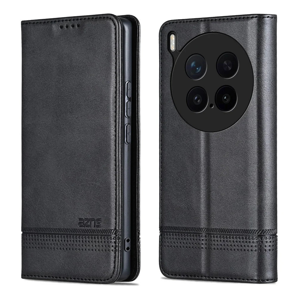 AZNS For vivo X300 Pro 5G Case Cowhide Texture PU Leather Wallet Phone Cover - Black - 1