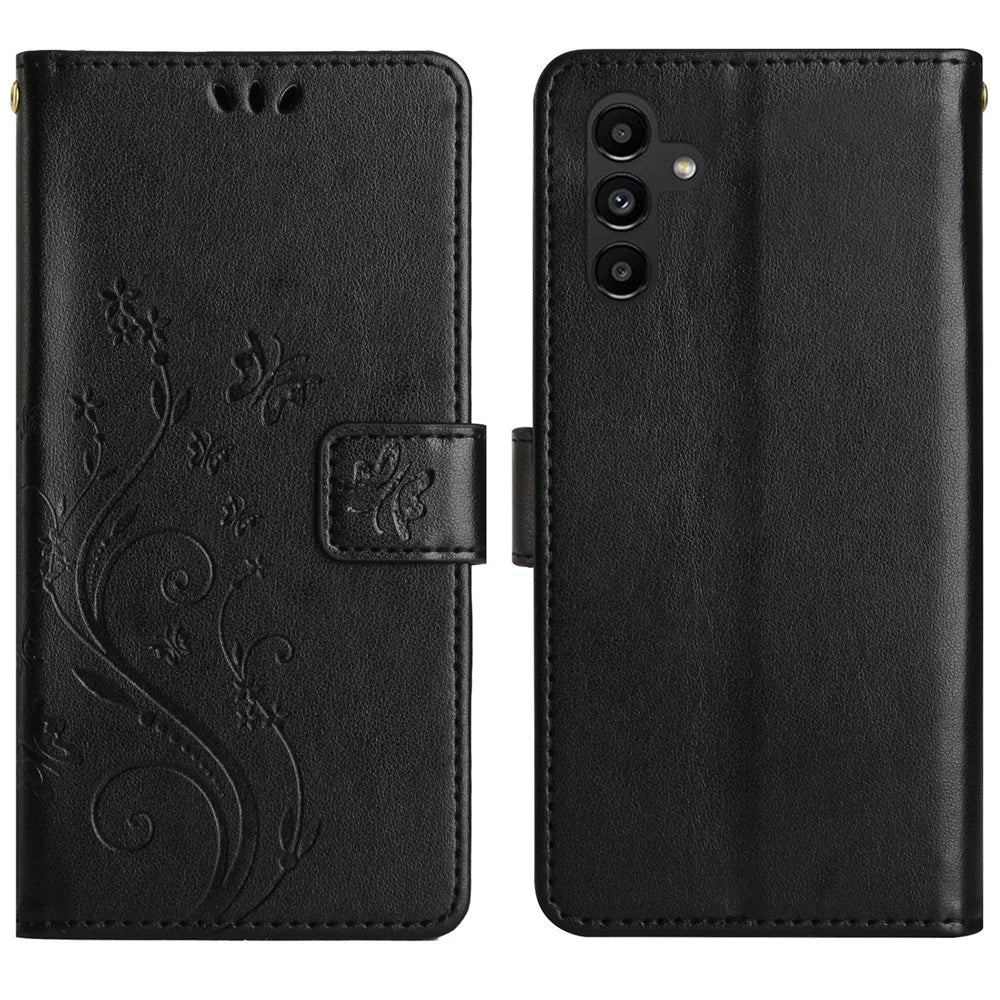 For Samsung Galaxy S26 Leather Wallet Case Butterfly Flower Imprinted Phone Cover with Strap - Black - 1