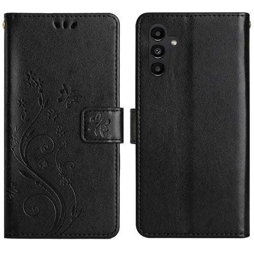 For Samsung Galaxy S26 Leather Wallet Case Butterfly Flower Imprinted Phone Cover with Strap - Black - 1