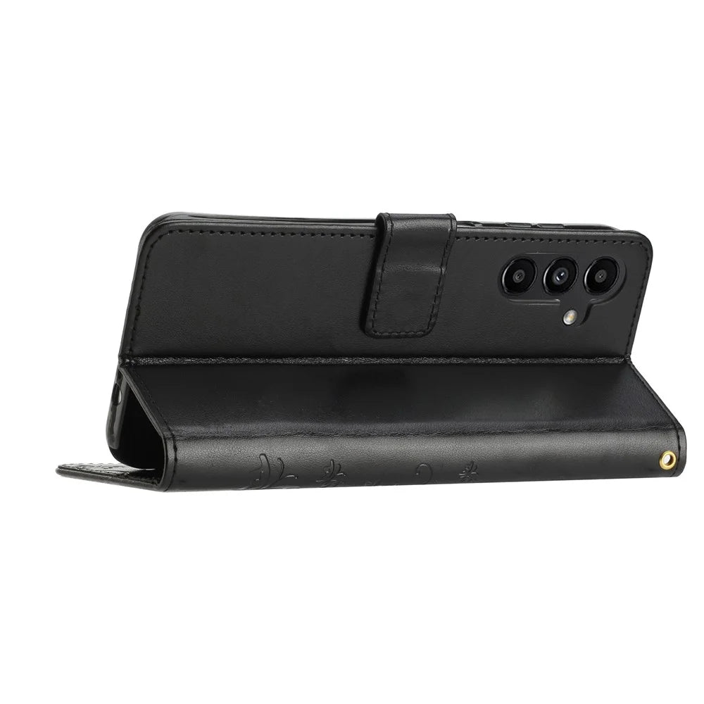 For Samsung Galaxy S26 Leather Wallet Case Butterfly Flower Imprinted Phone Cover with Strap - Black - 3
