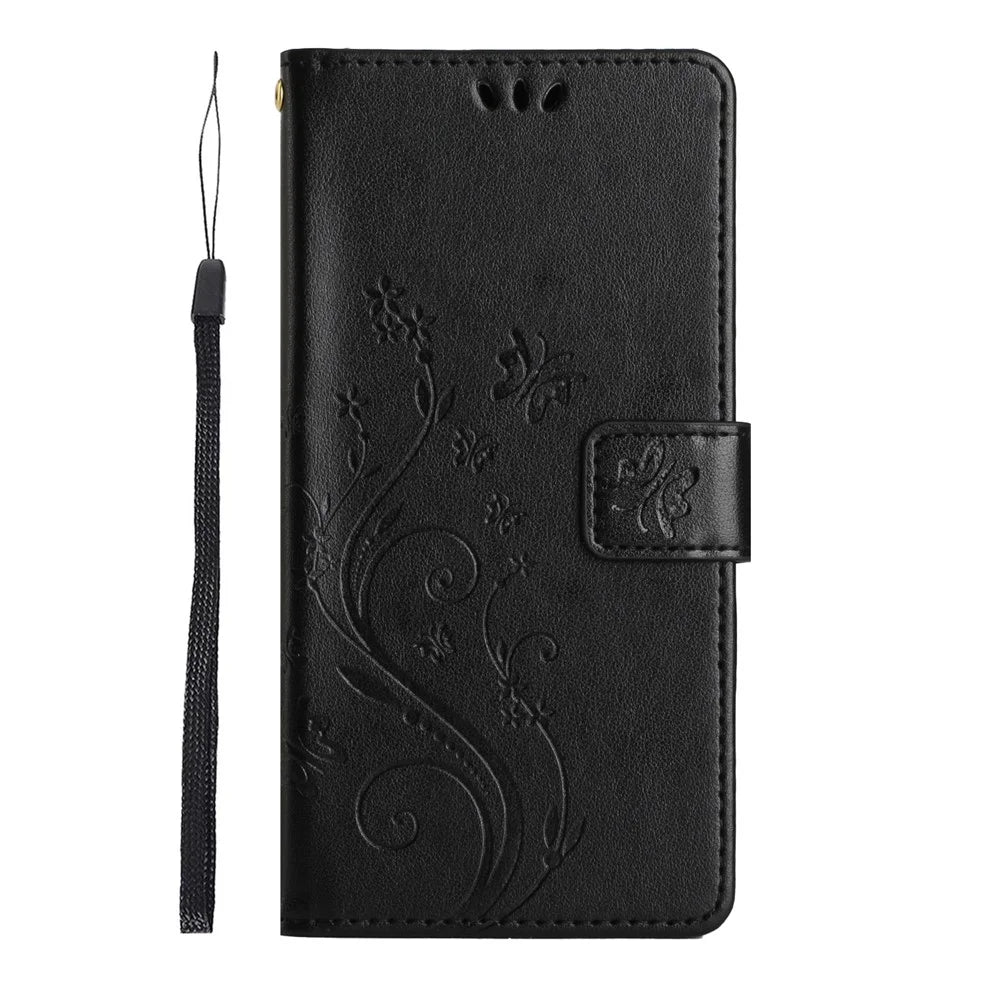 For Samsung Galaxy S26 Leather Wallet Case Butterfly Flower Imprinted Phone Cover with Strap - Black - 6