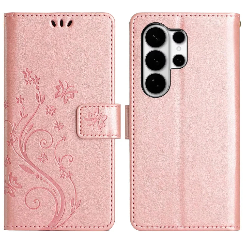 For Samsung Galaxy S26 Ultra Leather Wallet Case Butterfly Flower Imprinted Phone Cover with Strap - Rose Gold - 1