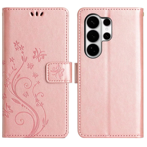 For Samsung Galaxy S26 Ultra Leather Wallet Case Butterfly Flower Imprinted Phone Cover with Strap - Rose Gold - 1