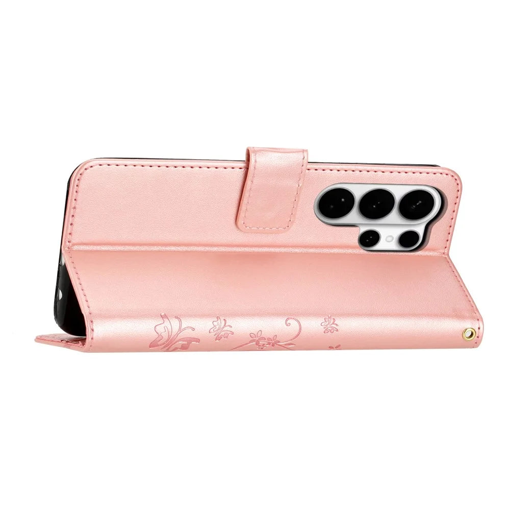 For Samsung Galaxy S26 Ultra Leather Wallet Case Butterfly Flower Imprinted Phone Cover with Strap - Rose Gold - 3