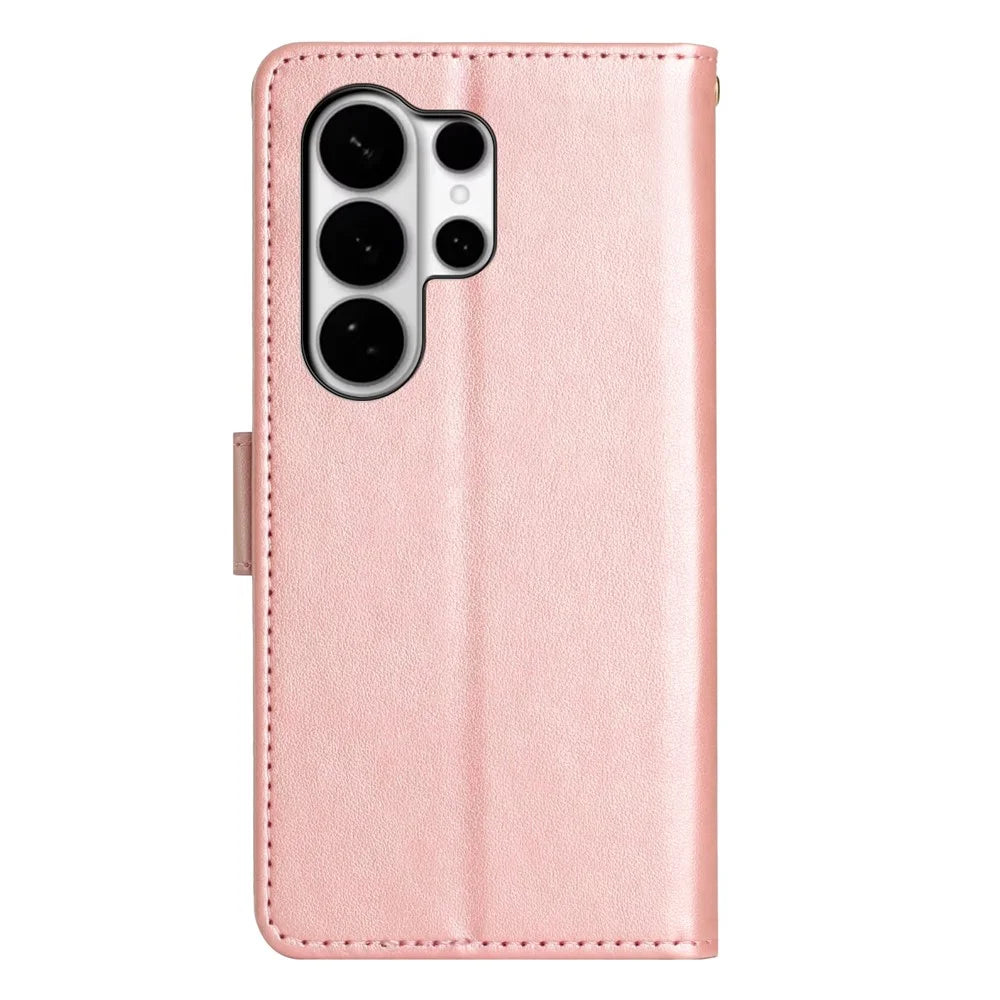 For Samsung Galaxy S26 Ultra Leather Wallet Case Butterfly Flower Imprinted Phone Cover with Strap - Rose Gold - 7