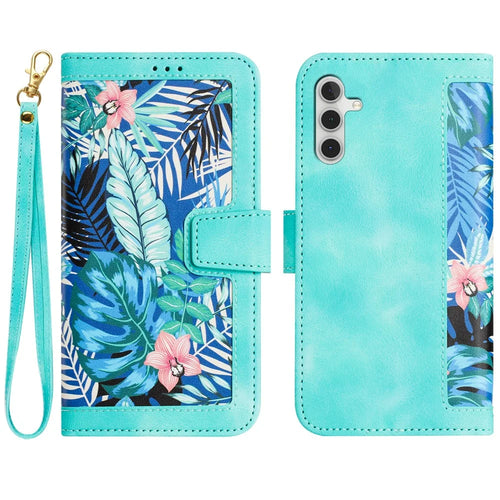 For Samsung Galaxy S26 Case PU Leather Floral Phone Cover with Card Slots - Green - 1
