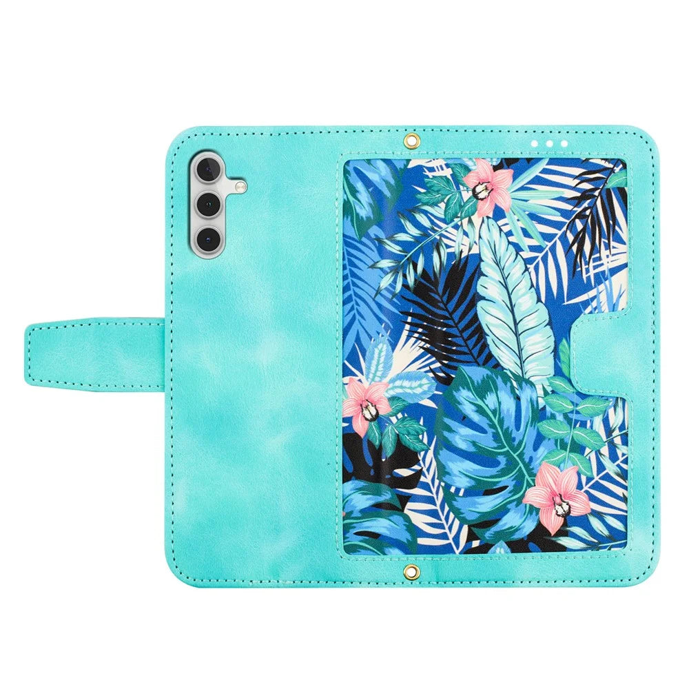 For Samsung Galaxy S26 Case PU Leather Floral Phone Cover with Card Slots - Green - 2