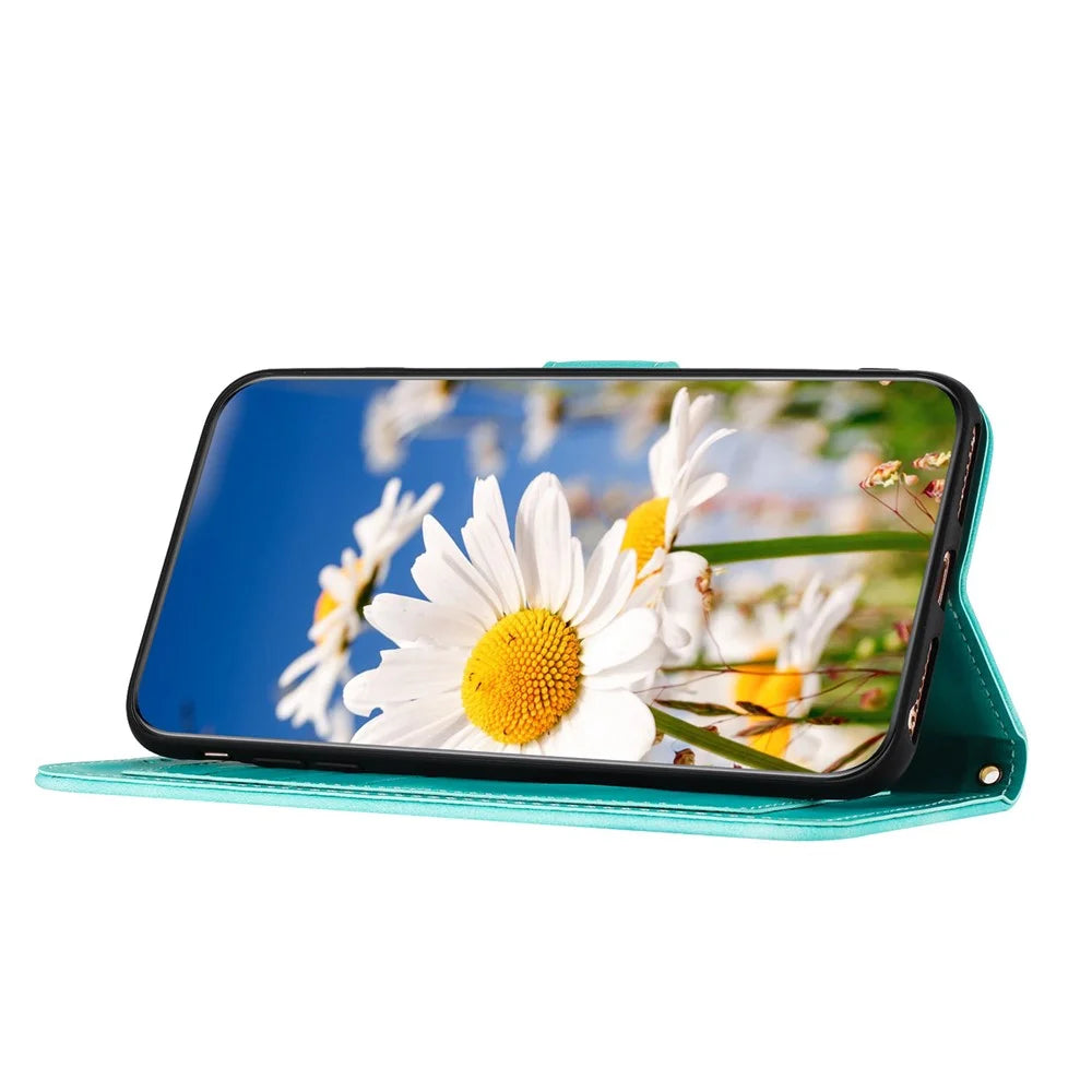 For Samsung Galaxy S26 Case PU Leather Floral Phone Cover with Card Slots - Green - 4