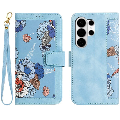 For Samsung Galaxy S26 Ultra Case PU Leather Floral Phone Cover with Card Slots - Baby Blue - 1