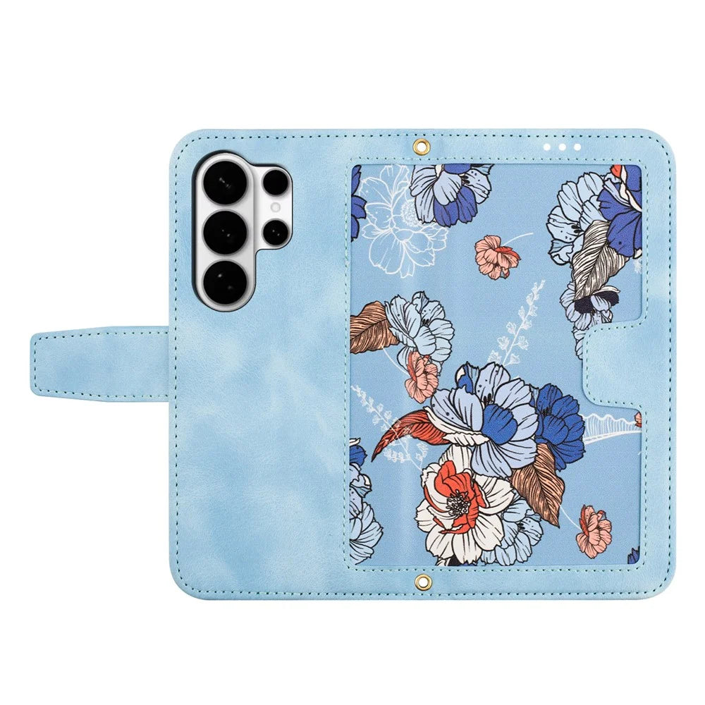 For Samsung Galaxy S26 Ultra Case PU Leather Floral Phone Cover with Card Slots - Baby Blue - 2
