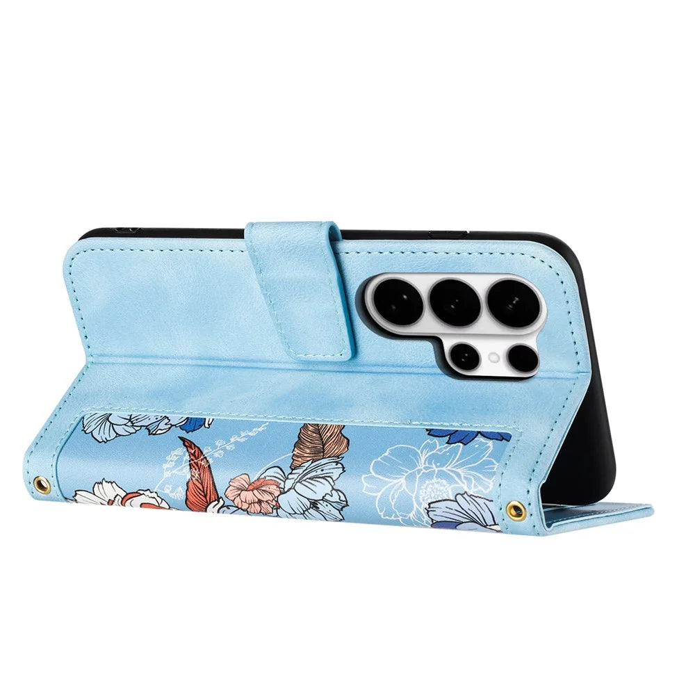 For Samsung Galaxy S26 Ultra Case PU Leather Floral Phone Cover with Card Slots - Baby Blue - 3