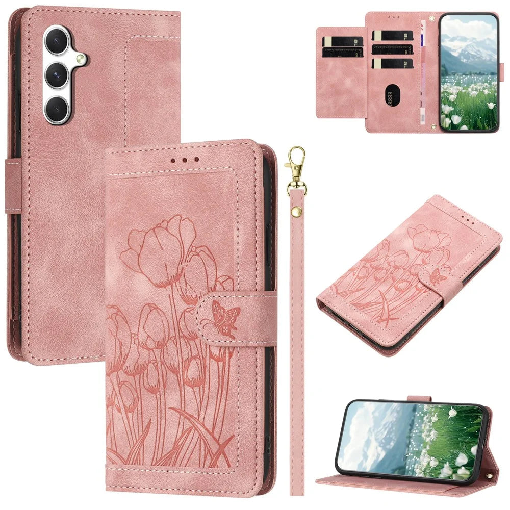 For Samsung Galaxy S26 Case Tulip Leather Phone Cover with 5 Card Slots Wallet - Pink - 1