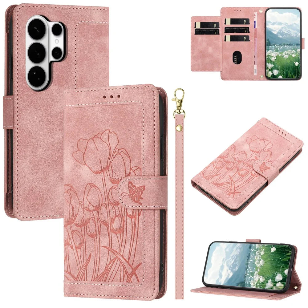 For Samsung Galaxy S26 Ultra Case Tulip Leather Phone Cover with 5 Card Slots Wallet - Pink - 1