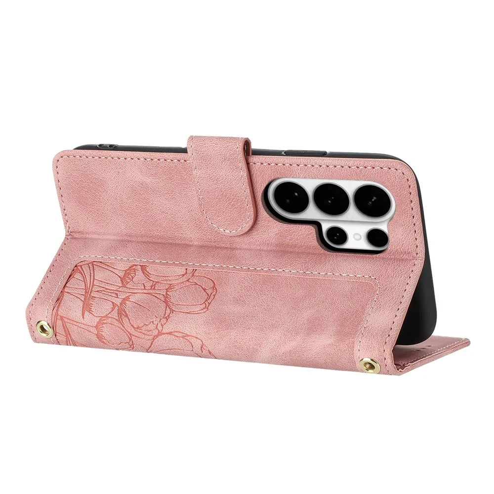 For Samsung Galaxy S26 Ultra Case Tulip Leather Phone Cover with 5 Card Slots Wallet - Pink - 3