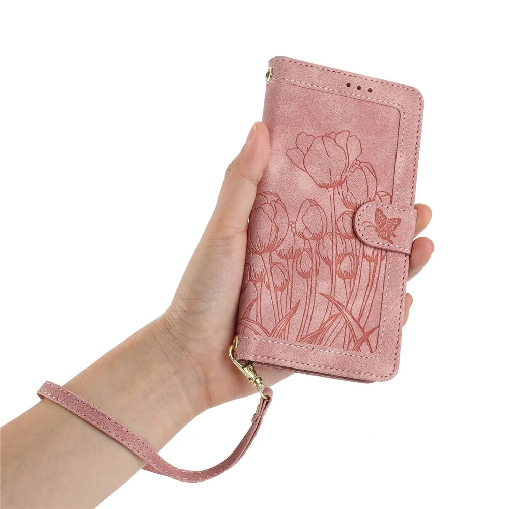 For Samsung Galaxy S26 Ultra Case Tulip Leather Phone Cover with 5 Card Slots Wallet - Pink - 5