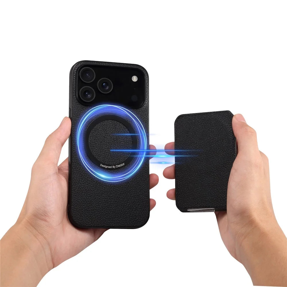 DENIOR D29 For iPhone 17 Pro Magnetic Case Leather Back Phone Cover with Detachable Card Holder - Black - 6