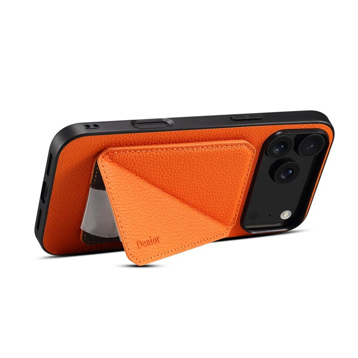 DENIOR D29 For iPhone 17 Pro Max Magnetic Case Leather Back Phone Cover with Detachable Card Holder - Orange - 2