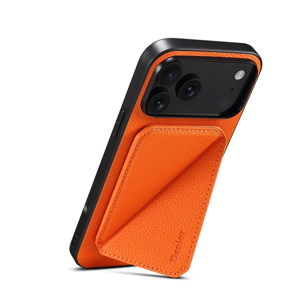 DENIOR D29 For iPhone 17 Pro Max Magnetic Case Leather Back Phone Cover with Detachable Card Holder - Orange - 5