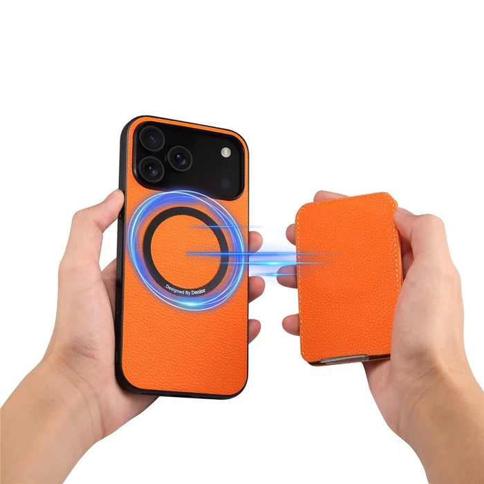 DENIOR D29 For iPhone 17 Pro Max Magnetic Case Leather Back Phone Cover with Detachable Card Holder - Orange - 6