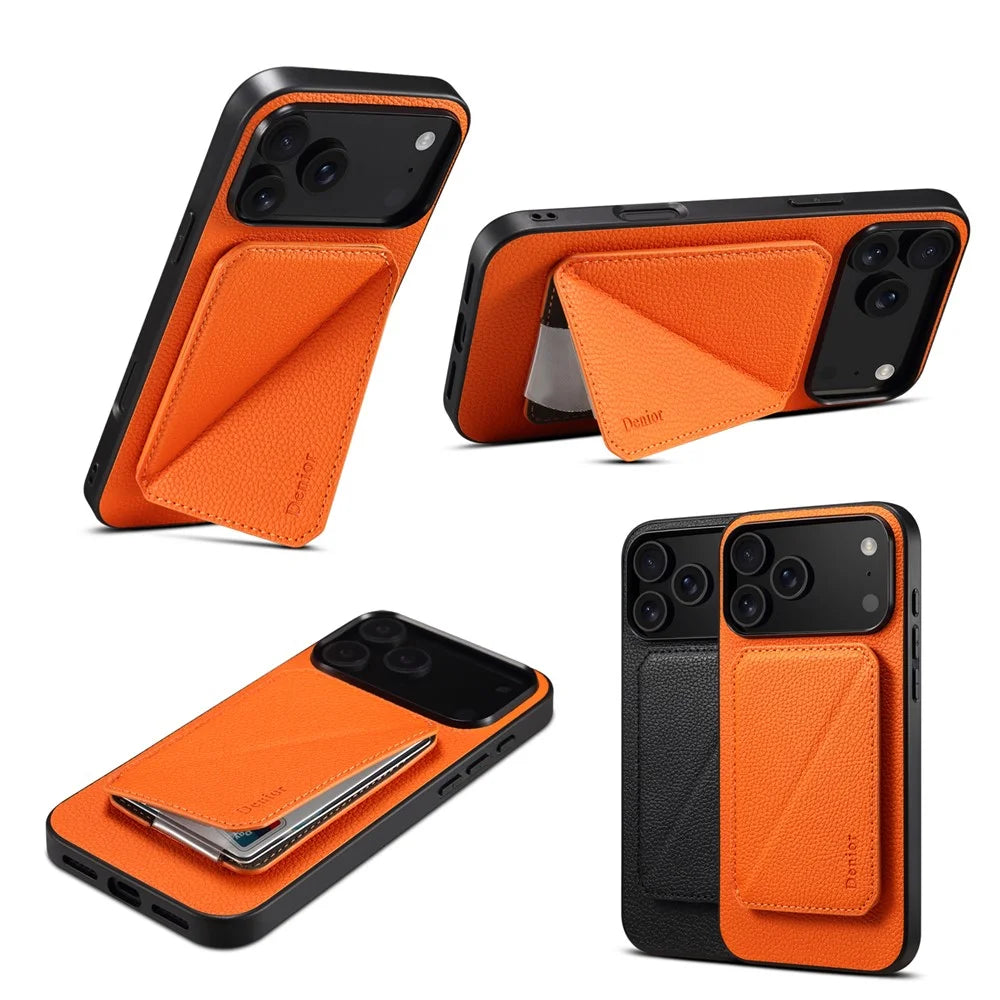 DENIOR D29 For iPhone 17 Pro Max Magnetic Case Leather Back Phone Cover with Detachable Card Holder - Orange - 7
