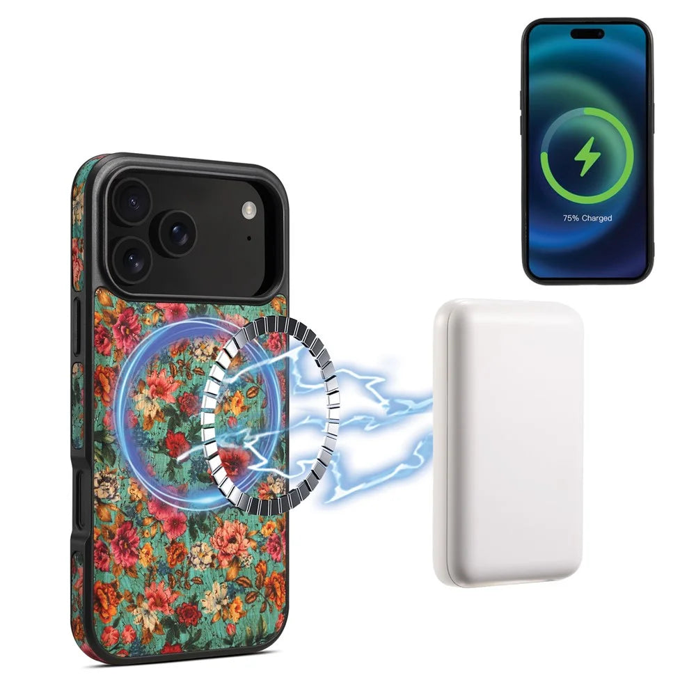 For iPhone 17 Pro Case Compatible with MagSafe Floral PU Leather Back Phone Cover - Blue - 1