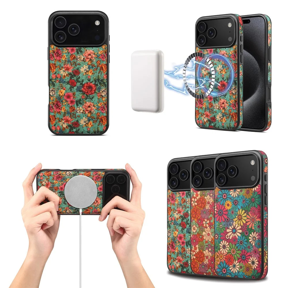 For iPhone 17 Pro Case Compatible with MagSafe Floral PU Leather Back Phone Cover - Blue - 6