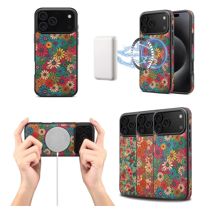 For iPhone 17 Pro Max Case Compatible with MagSafe Floral PU Leather Back Phone Cover - Blue - 6