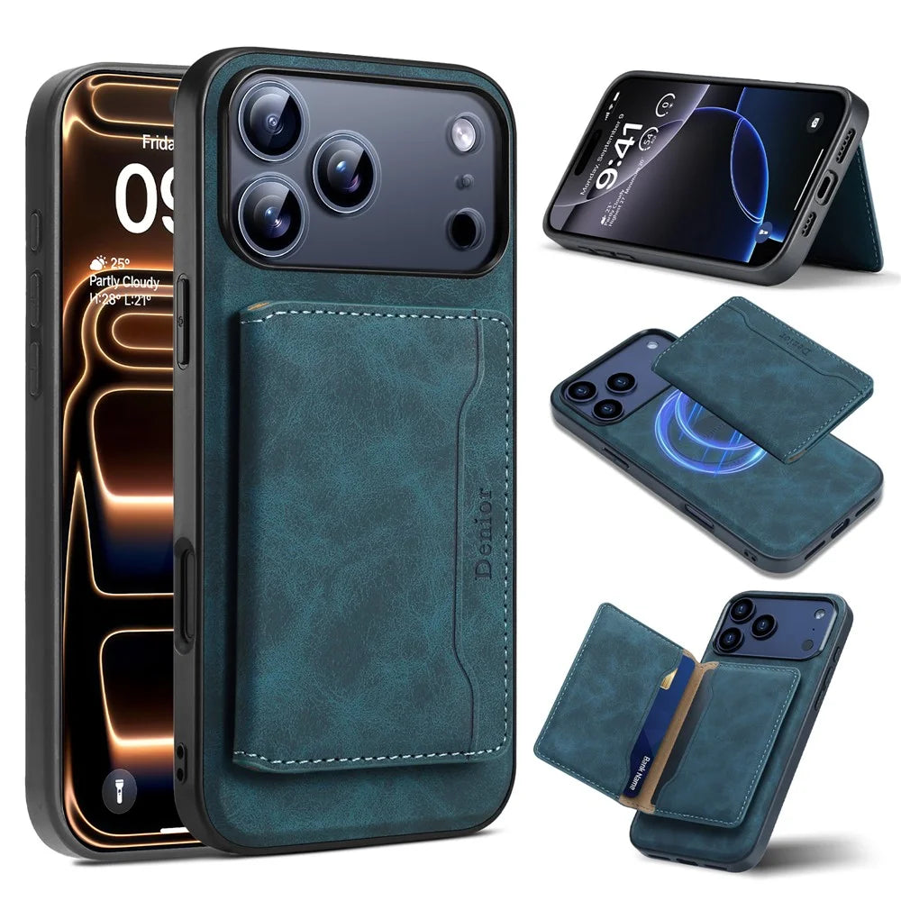 DENIOR D13 For iPhone 17 Pro Magnetic Case Card Holder Leather Coated PC + TPU Phone Cover - Blue - 2