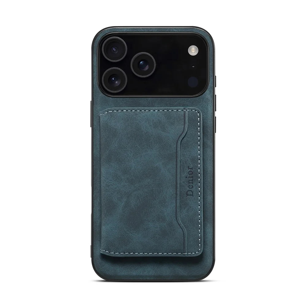 DENIOR D13 For iPhone 17 Pro Magnetic Case Card Holder Leather Coated PC + TPU Phone Cover - Blue - 5