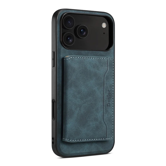 DENIOR D13 For iPhone 17 Pro Max Magnetic Case Card Holder Leather Coated PC + TPU Phone Cover - Blue - 1