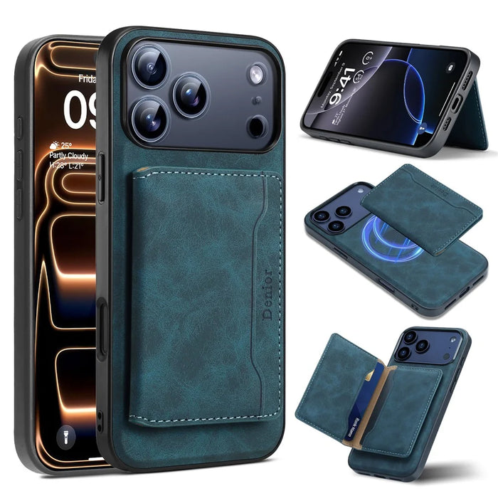 DENIOR D13 For iPhone 17 Pro Max Magnetic Case Card Holder Leather Coated PC + TPU Phone Cover - Blue - 2