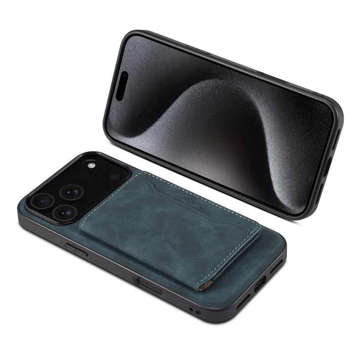 DENIOR D13 For iPhone 17 Pro Max Magnetic Case Card Holder Leather Coated PC + TPU Phone Cover - Blue - 7
