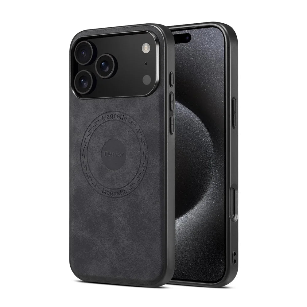 DENIOR A11 For iPhone 17 Pro Max Case Compatible with MagSafe Leather Coated PC + TPU Phone Cover - Black - 6