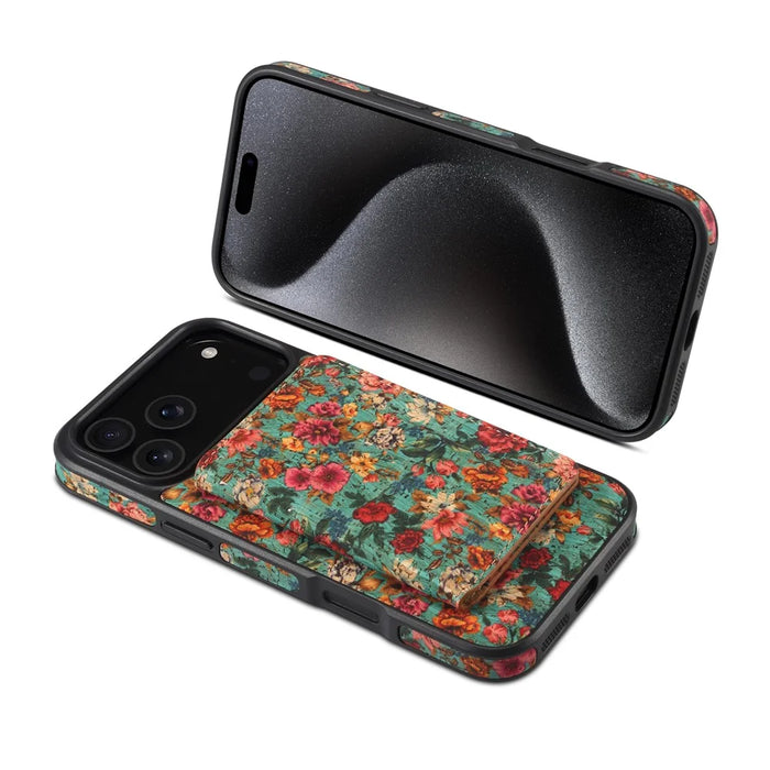 For iPhone 17 Pro Magnetic Case Detachable Card Bag Flower Leather Back Cover - Blue - 6