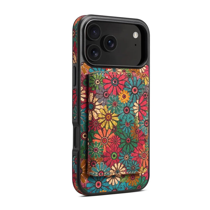 For iPhone 17 Pro Max Magnetic Case Detachable Card Bag Flower Leather Back Cover - Green - 1