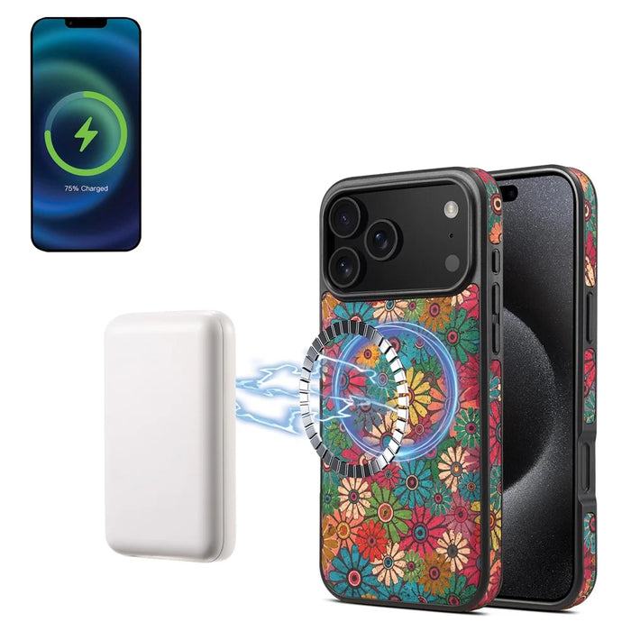For iPhone 17 Pro Max Magnetic Case Detachable Card Bag Flower Leather Back Cover - Green - 2