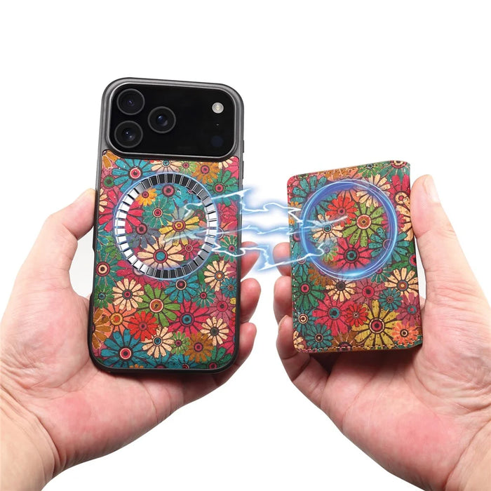For iPhone 17 Pro Max Magnetic Case Detachable Card Bag Flower Leather Back Cover - Green - 3