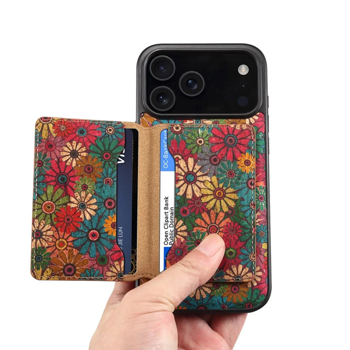For iPhone 17 Pro Max Magnetic Case Detachable Card Bag Flower Leather Back Cover - Green - 6