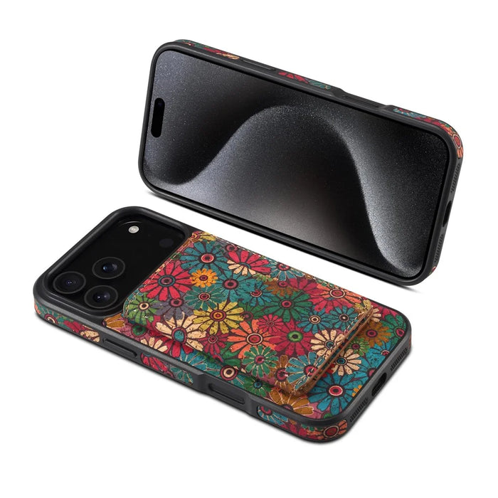 For iPhone 17 Pro Max Magnetic Case Detachable Card Bag Flower Leather Back Cover - Green - 7