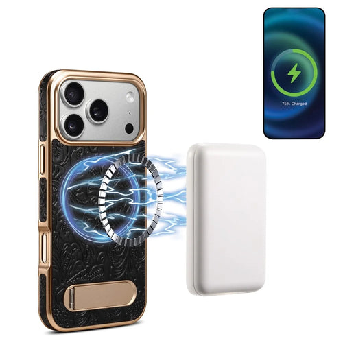DENIOR A25 For iPhone 17 Pro Case Compatible with MagSafe Kickstand Electroplating Genuine Cow Leather Back Phone Cover - Black - 1
