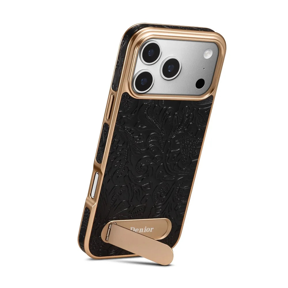 DENIOR A25 For iPhone 17 Pro Case Compatible with MagSafe Kickstand Electroplating Genuine Cow Leather Back Phone Cover - Black - 2