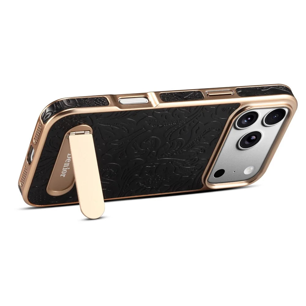 DENIOR A25 For iPhone 17 Pro Case Compatible with MagSafe Kickstand Electroplating Genuine Cow Leather Back Phone Cover - Black - 3
