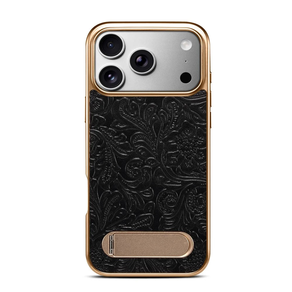 DENIOR A25 For iPhone 17 Pro Case Compatible with MagSafe Kickstand Electroplating Genuine Cow Leather Back Phone Cover - Black - 4