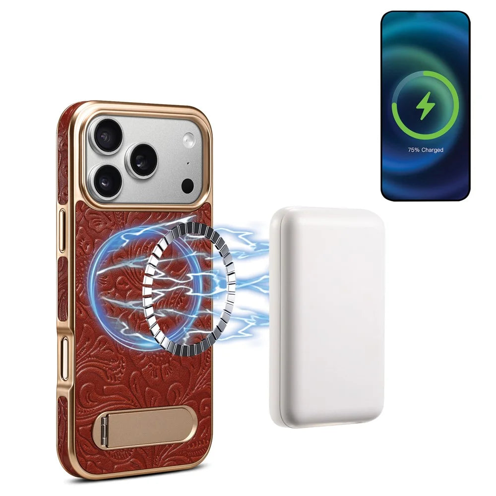 DENIOR A25 For iPhone 17 Pro Max Case Compatible with MagSafe Kickstand Electroplating Genuine Cow Leather Back Phone Cover - Red - 1